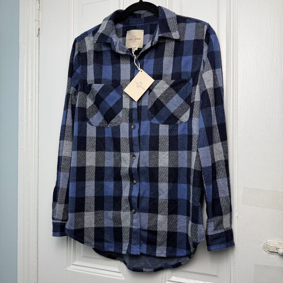 Casa Cabana Flannel Womens Small Blue Plaid Button Up Long Sleeve Collared NWT - Picture 1 of 7